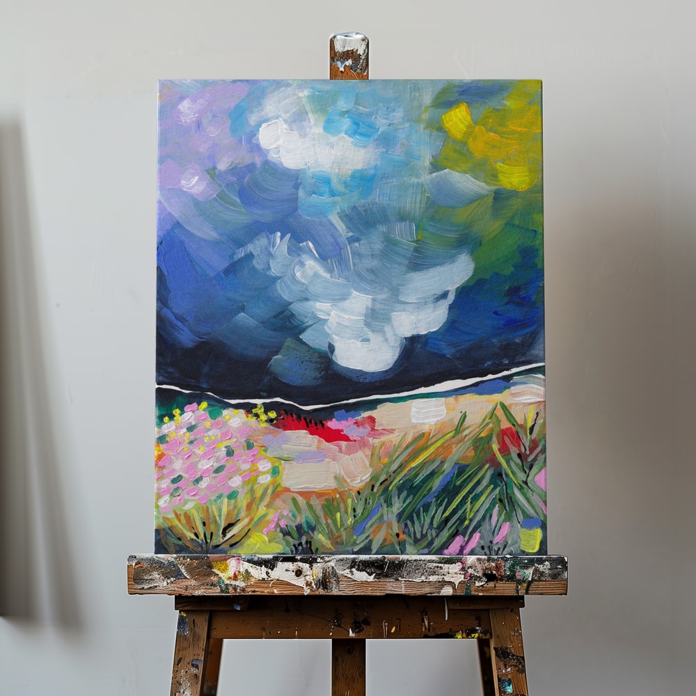 Expressives Gemälde einer bunten Blumenwiese unter blau-weißem Wolkenhimmel
