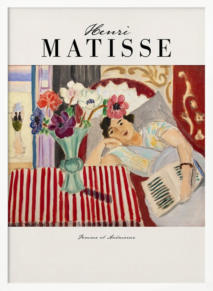 Ausstellungsplakat Henri Matisse mit Frau neben einer Vase mit Anemonen in einem bunten Interieur