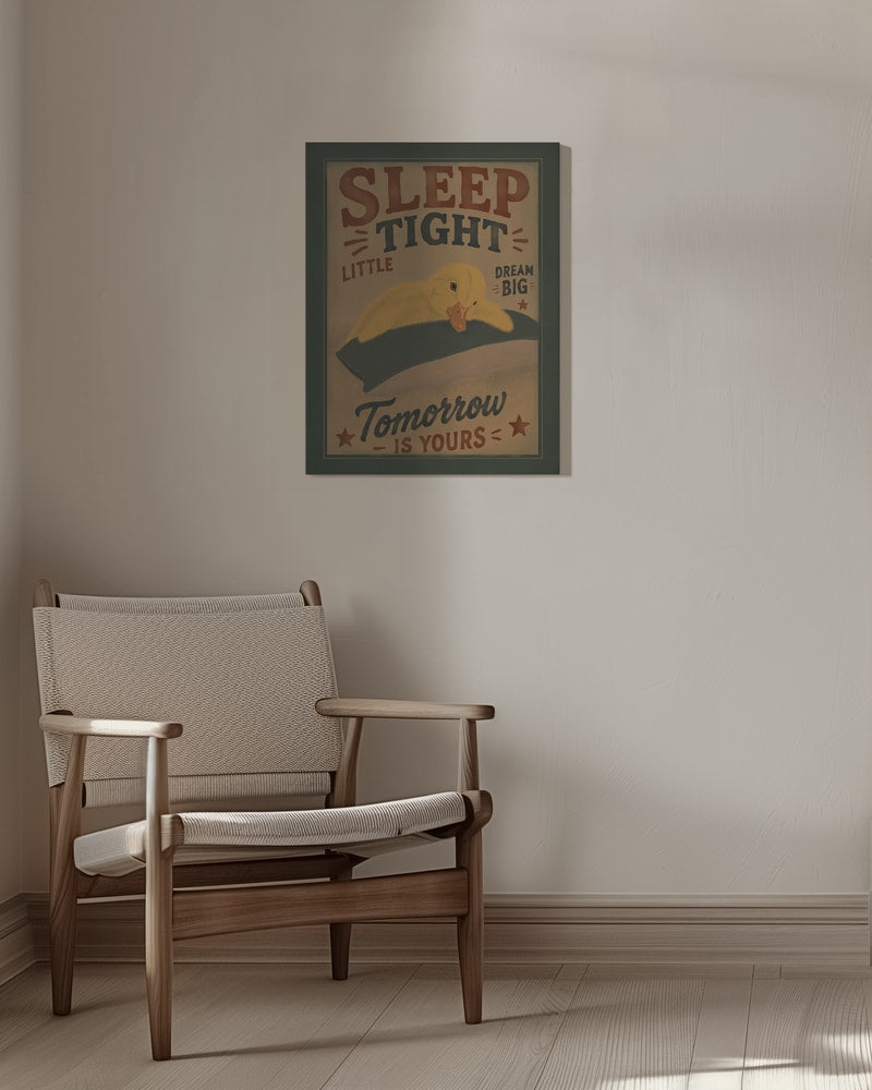 Retro-Plakat mit schlafendem gelbem Entenküken und Schriftzug Sleep Tight Little, Dream Big, Tomorrow is yours