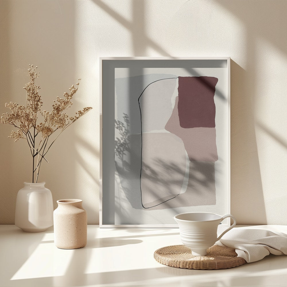 Abstrakte Flächen in Grau, Taupe und Bordeaux mit feiner schwarzer Linie