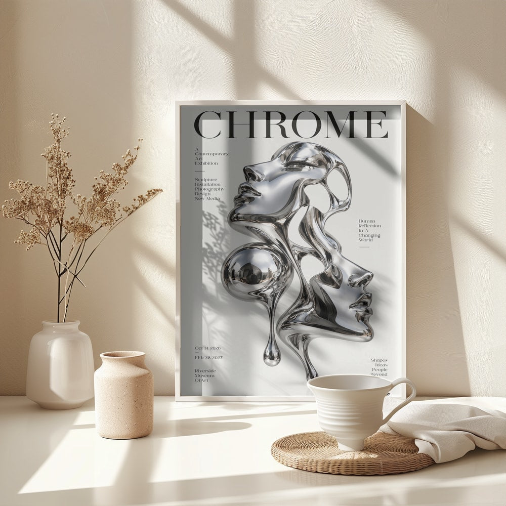 Ausstellungsplakat mit dem Schriftzug Chrome und einer Skulptur aus zwei verschmelzenden Chrom-Gesichtern
