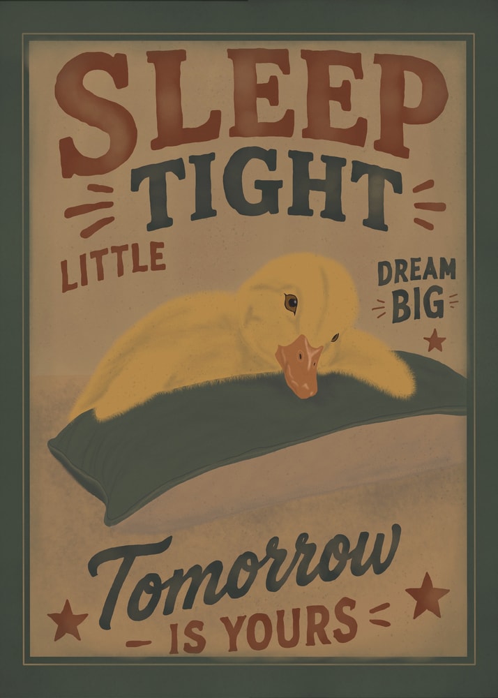 Retro-Plakat mit schlafendem gelbem Entenküken und Schriftzug Sleep Tight Little, Dream Big, Tomorrow is yours