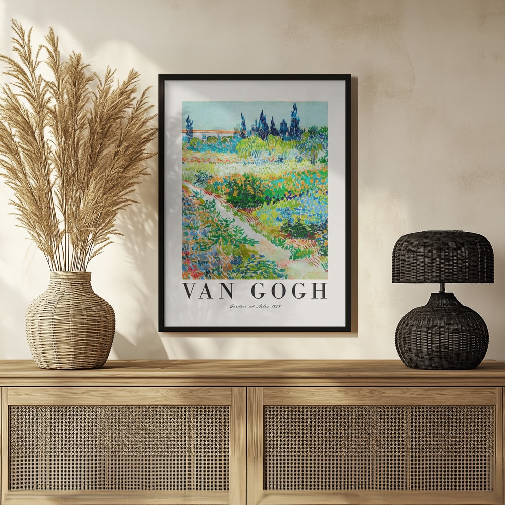 Ausstellungsplakat Vincent van Gogh mit dem Gemälde Garten in Arles, Schriftzug unten