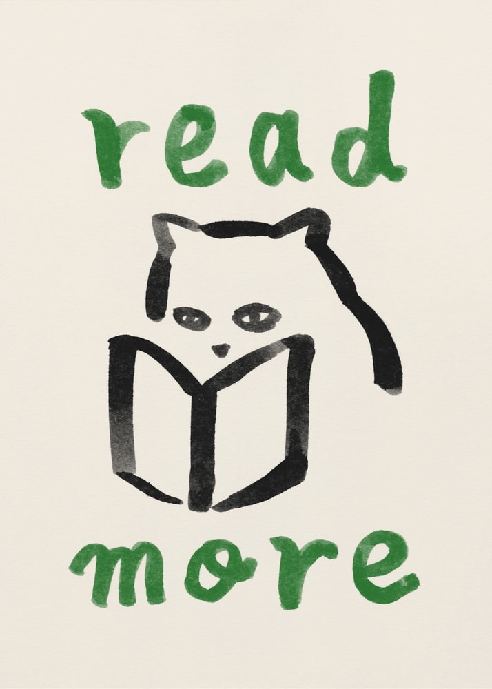 Pinselzeichnung einer Katze hinter einem Buch mit grünem Schriftzug read more