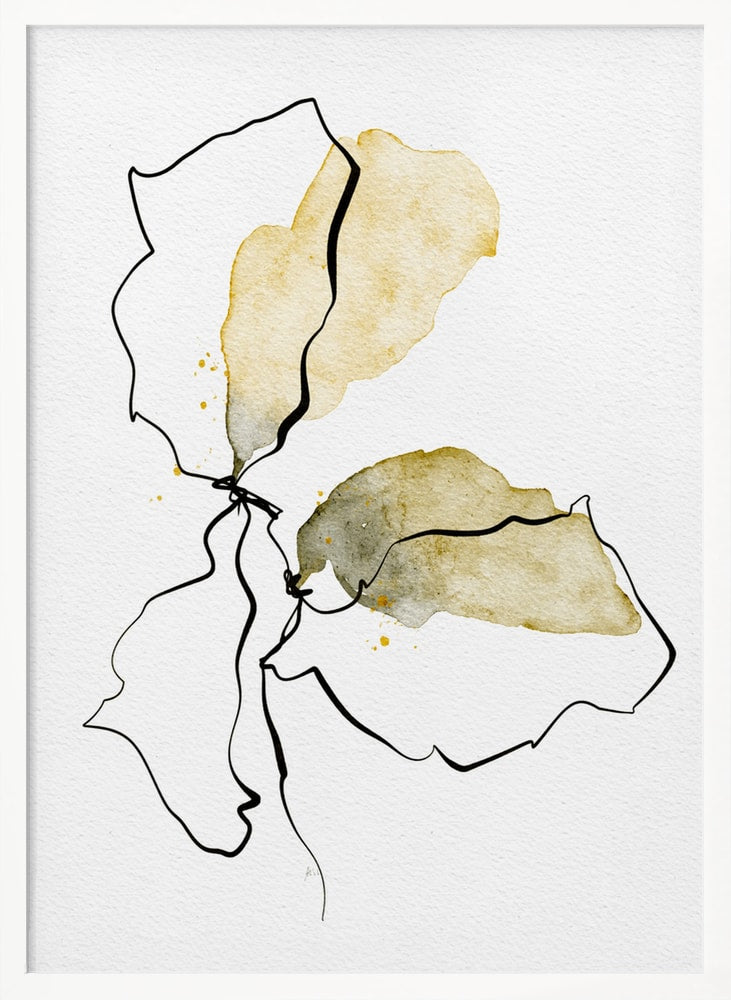 Zeichnung einer Blüte mit schwarzen Linien und ockerfarbenen Aquarellflächen auf Weiß