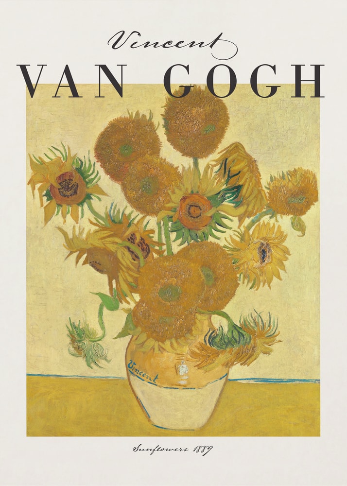 Ausstellungsplakat Vincent van Gogh mit dem Gemälde Sonnenblumen, schwarzer Schriftzug oben