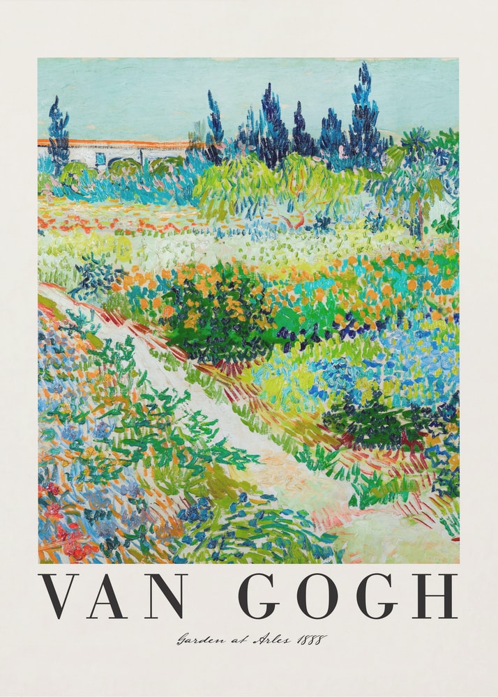 Ausstellungsplakat Vincent van Gogh mit dem Gemälde Garten in Arles, Schriftzug unten