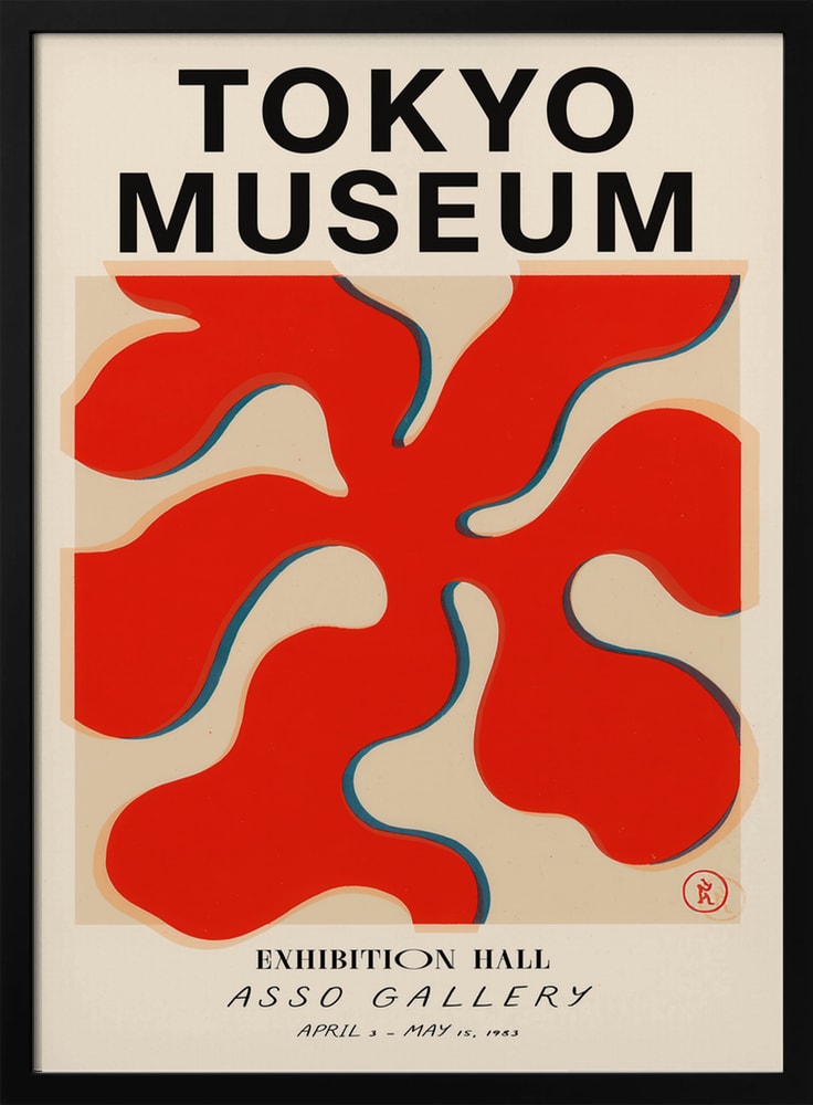 Ausstellungsplakat mit Schriftzug Tokyo Museum und roter Scherenschnitt-Form auf Creme