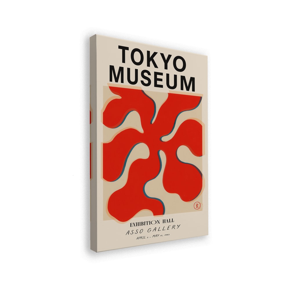 Ausstellungsplakat mit Schriftzug Tokyo Museum und roter Scherenschnitt-Form auf Creme