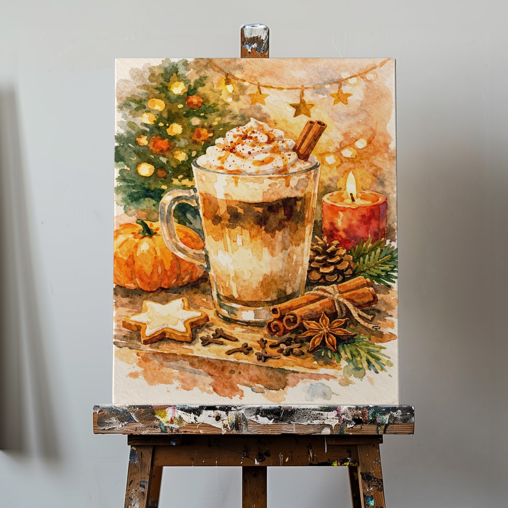 Aquarell eines Latte mit Sahnehaube, Zimtstangen, Sternanis, Lebkuchen und Kerze vor Weihnachtsbaum