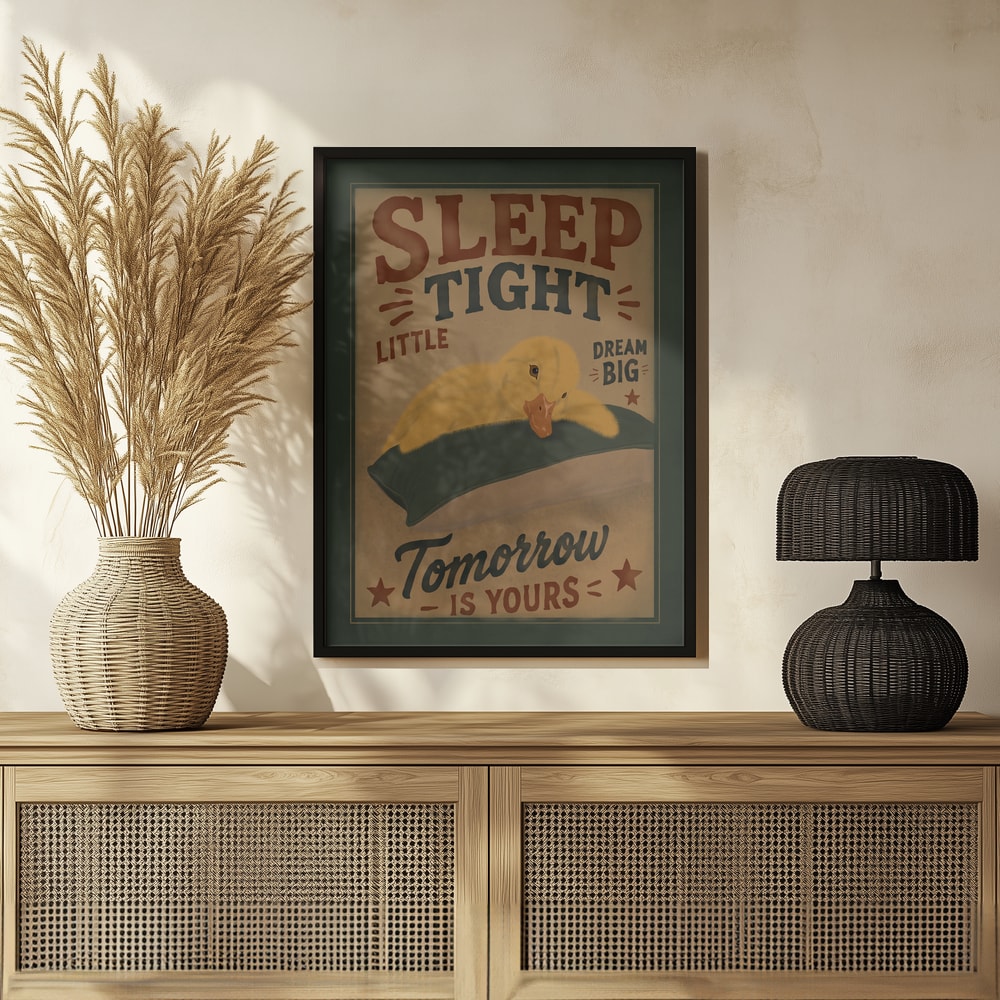 Retro-Plakat mit schlafendem gelbem Entenküken und Schriftzug Sleep Tight Little, Dream Big, Tomorrow is yours