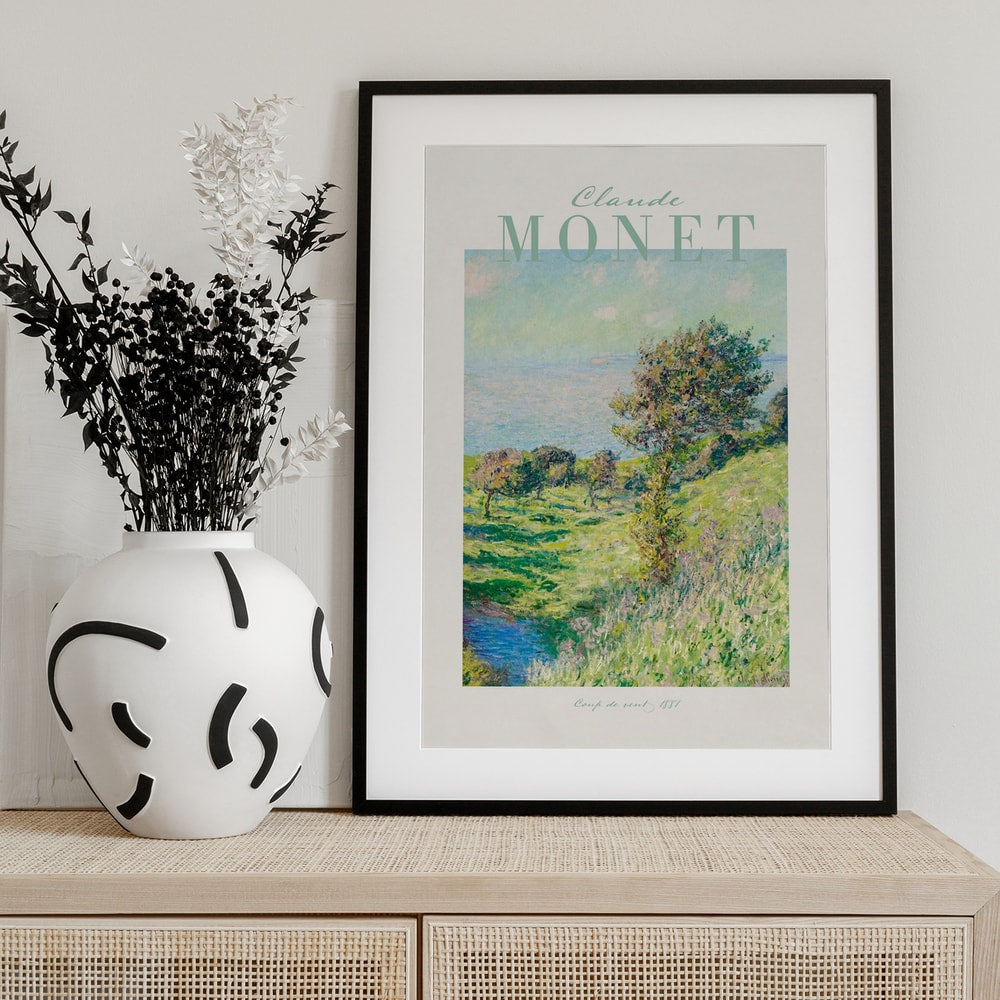 Ausstellungsplakat Claude Monet mit dem Gemälde Windstoß, mintfarbener Schriftzug