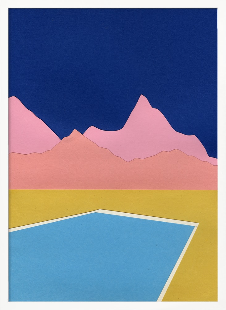 Grafische Illustration eines blauen Pools vor rosa Bergen und dunkelblauem Himmel