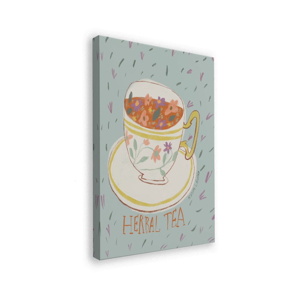 Illustration einer verzierten Tasse mit Blütentee und Schriftzug Herbal Tea auf mintfarbenem Hintergrund