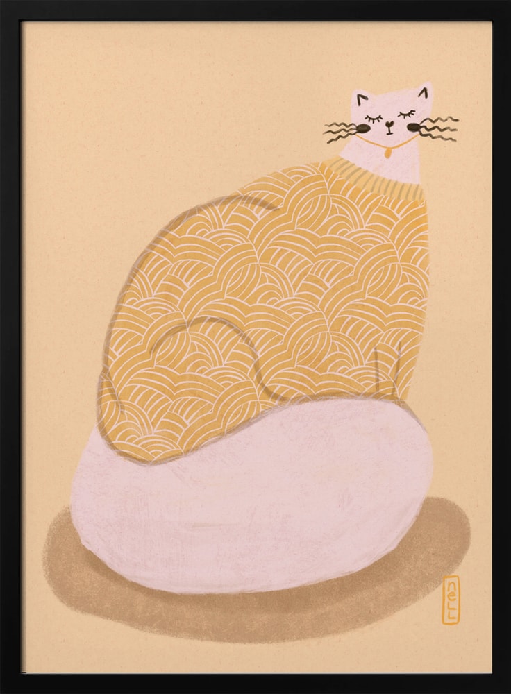 Illustration einer runden Katze im gelb gemusterten Pullover auf rosa Kissen