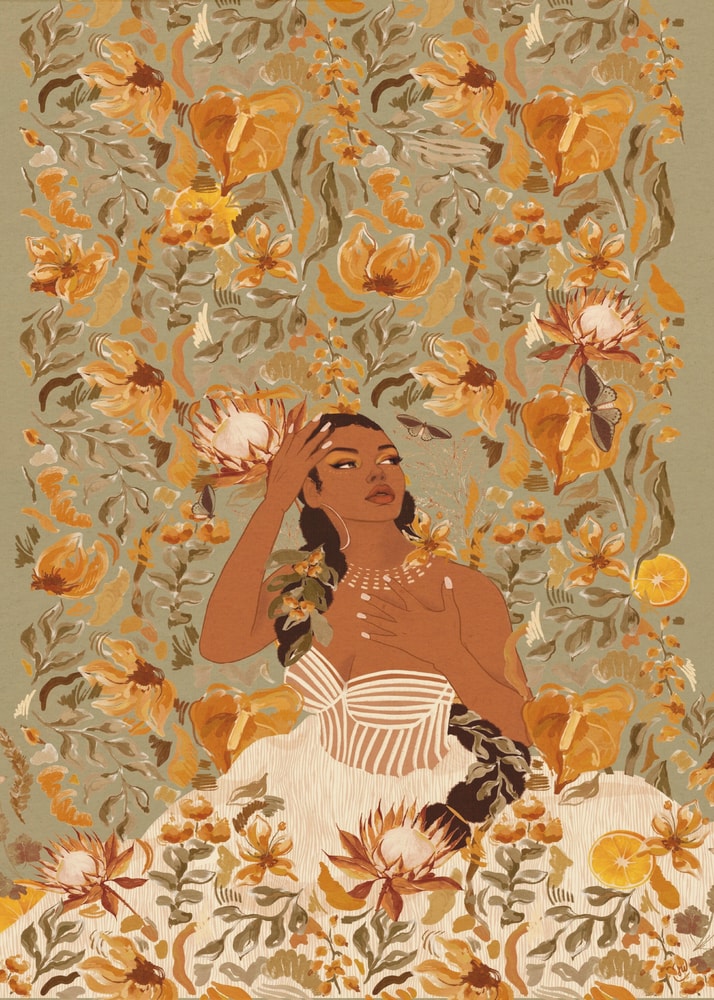 Illustration einer Frau mit geflochtenem Haar zwischen orangen Blüten auf grünem Hintergrund