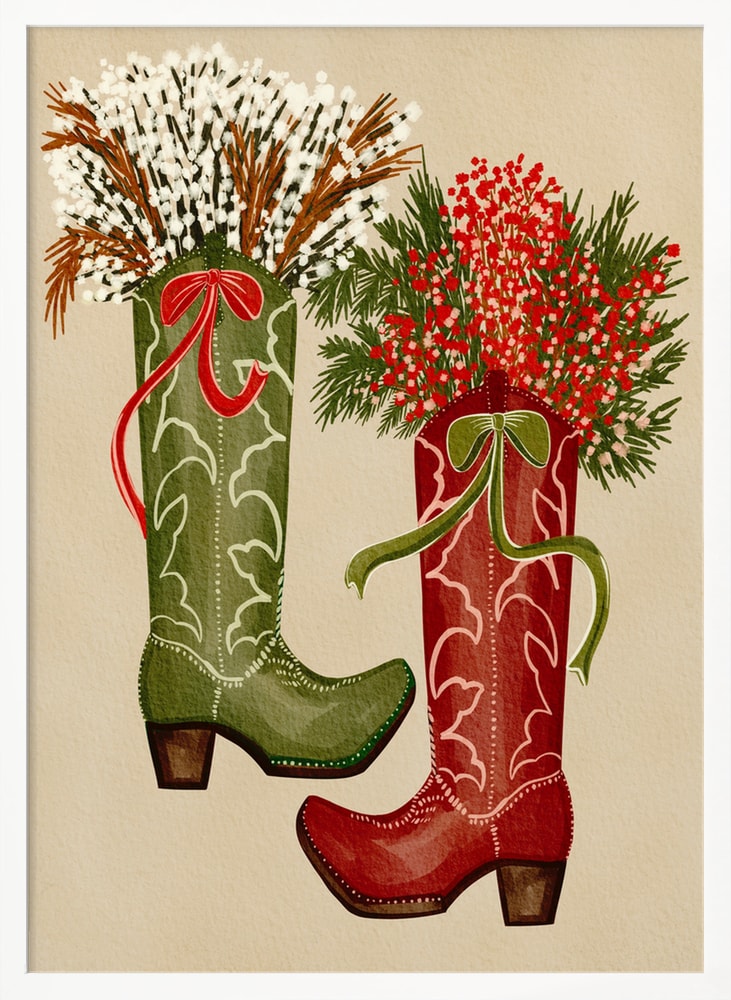 Illustration eines grünen und eines roten Cowboystiefels mit Beeren, Zweigen und Schleifen