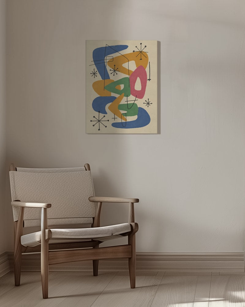 Abstrakte Bumerangformen in Blau, Orange, Grün und Pink mit Sternen im Midcentury-Stil