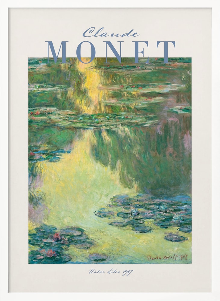 Ausstellungsplakat Claude Monet mit Seerosen auf grünem Wasser, hellblauer Schriftzug