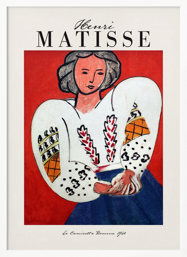 Ausstellungsplakat Henri Matisse mit Frau in bestickter weißer Bluse vor rotem Hintergrund