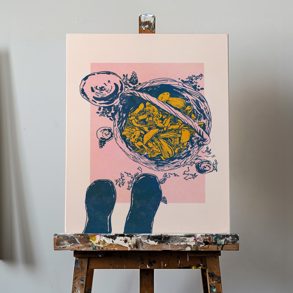Illustration eines Korbs mit gelben Pilzen und zwei Gummistiefeln von oben auf rosa Hintergrund