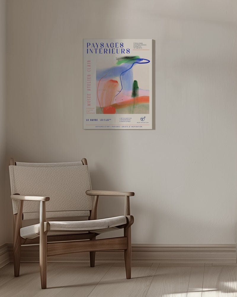 Ausstellungsplakat mit Schriftzug Paysages Intérieurs und bunten Pinselspuren