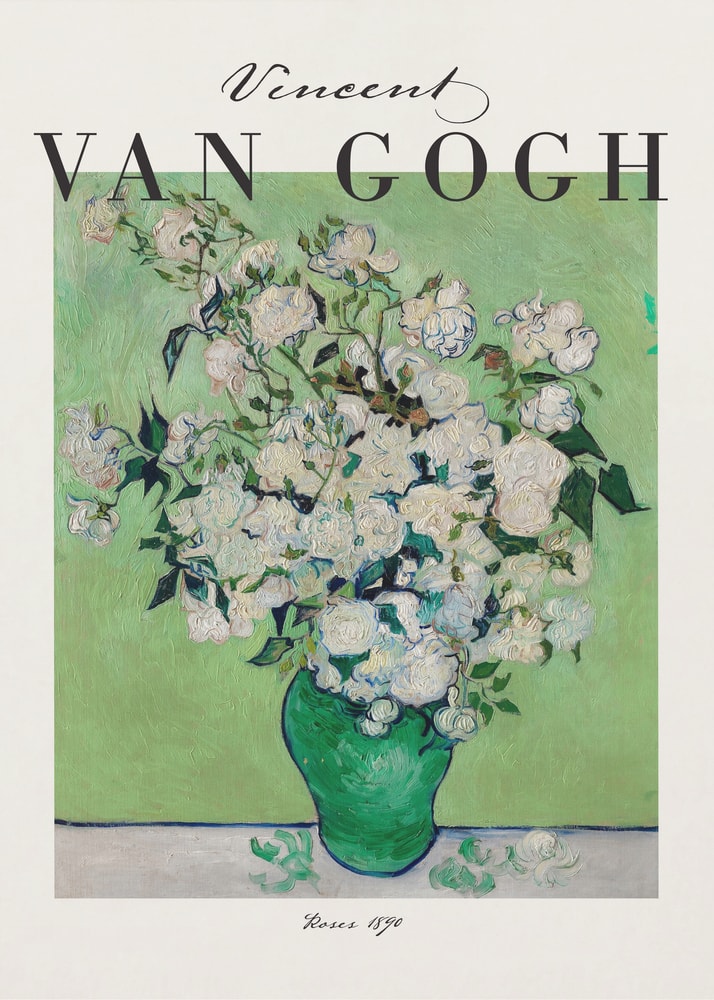 Ausstellungsplakat Vincent van Gogh mit weißen Rosen in grüner Vase, schwarzer Schriftzug
