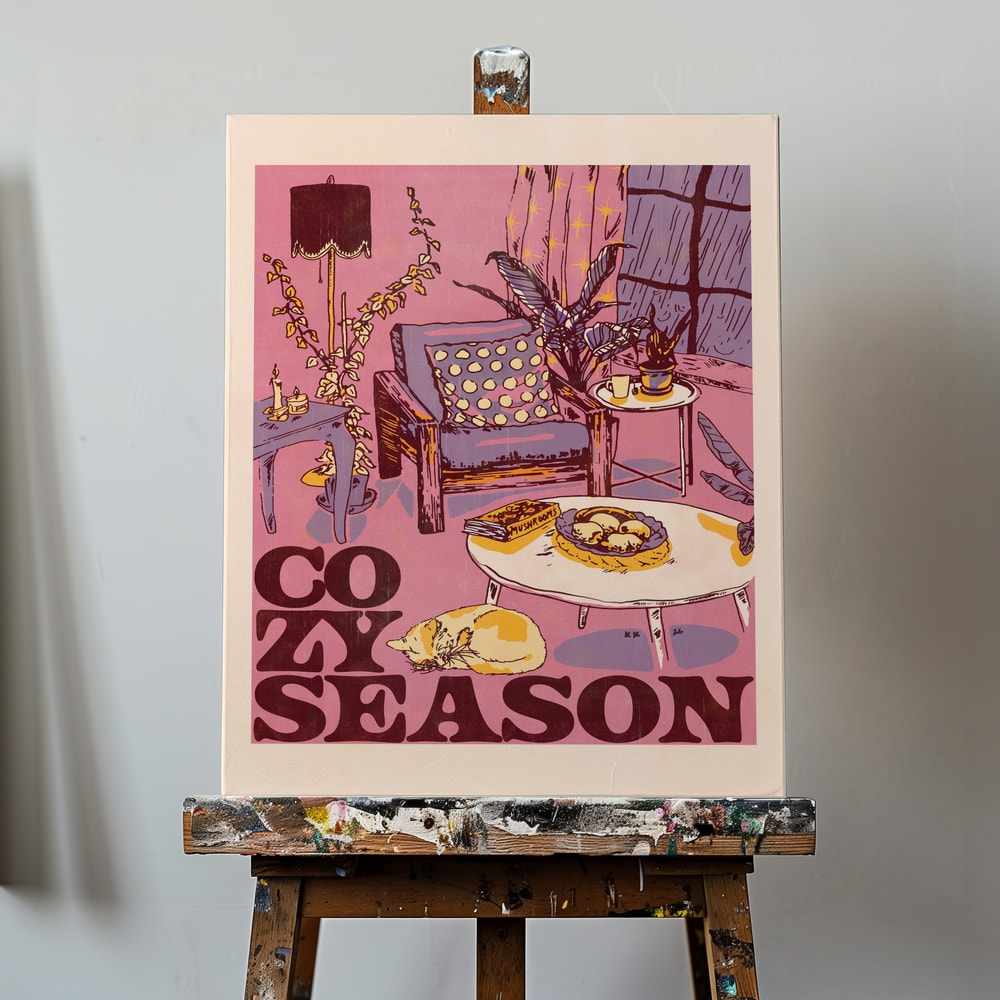 Illustration eines gemütlichen Wohnzimmers mit Sessel, Pflanzen und schlafender Katze, Schriftzug Cozy Season