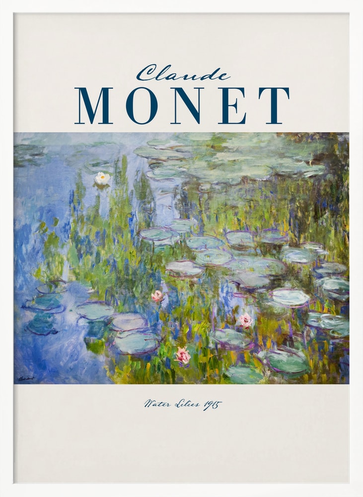 Ausstellungsplakat Claude Monet mit Seerosen auf blau-violettem Wasser, blauer Schriftzug