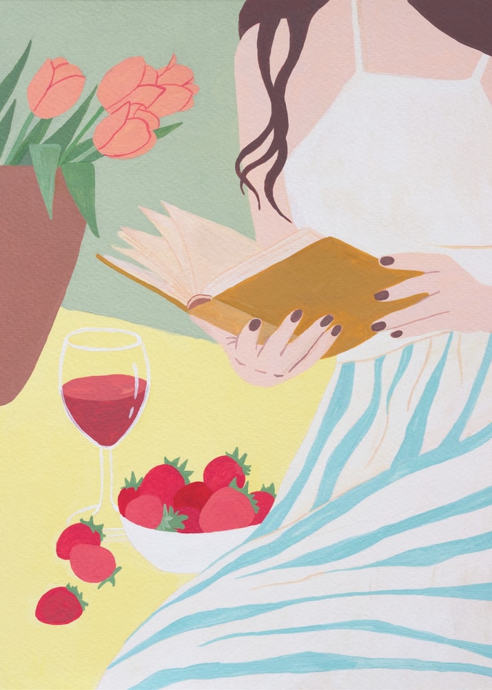 Illustration einer lesenden Frau mit Rotwein, Erdbeeren und Tulpen in Pastellfarben