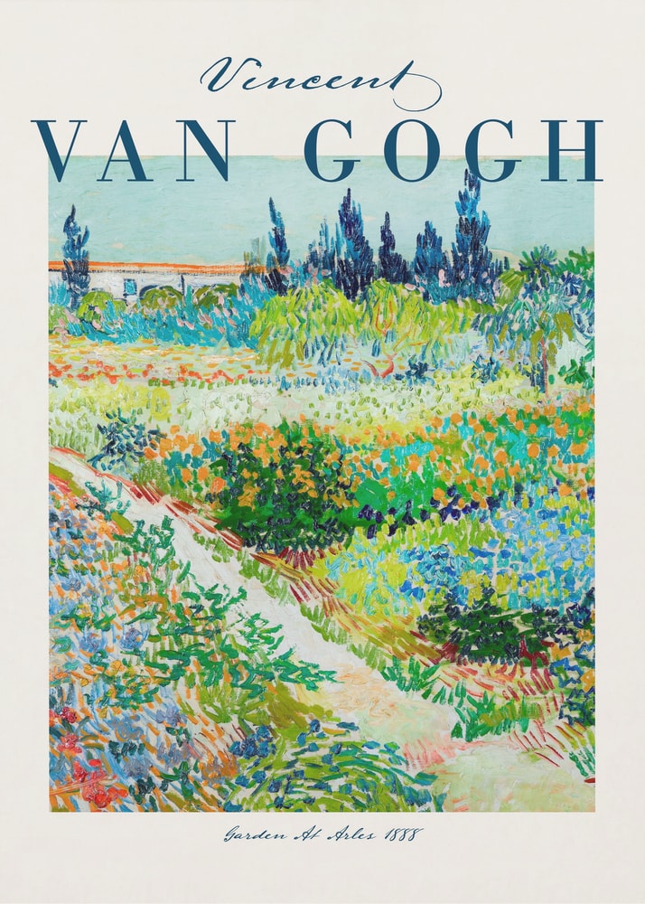 Ausstellungsplakat Vincent van Gogh mit dem Gemälde Garten in Arles, blauer Schriftzug oben