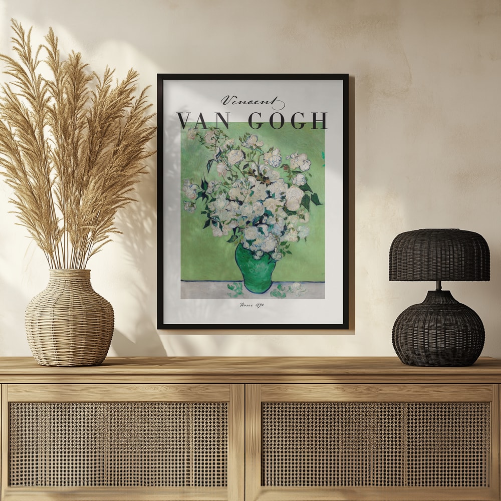 Ausstellungsplakat Vincent van Gogh mit weißen Rosen in grüner Vase, schwarzer Schriftzug