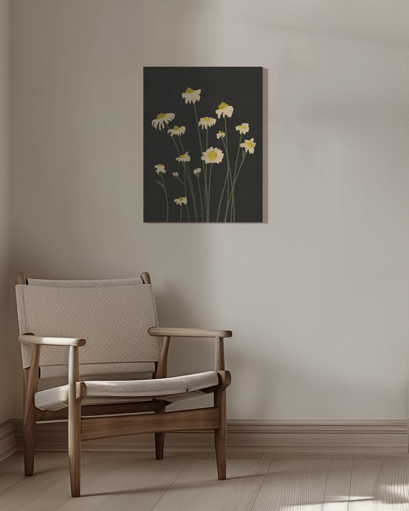 Illustration weißer Gänseblümchen an langen Stielen auf schwarzem Hintergrund