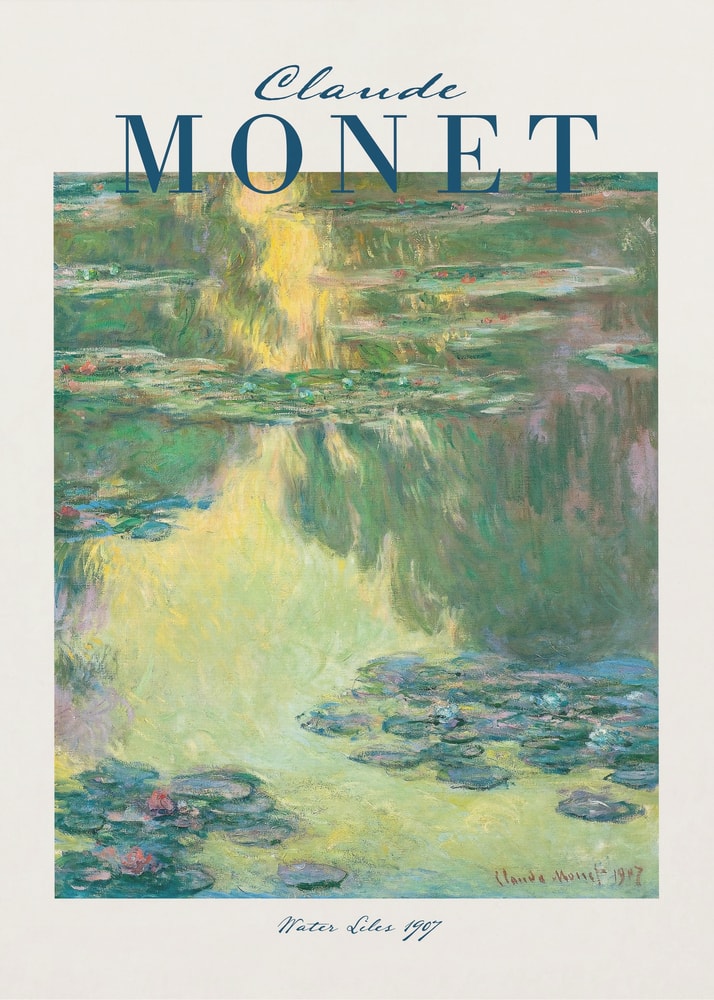 Ausstellungsplakat Claude Monet mit Seerosen auf grünem Wasser, dunkelblauer Schriftzug