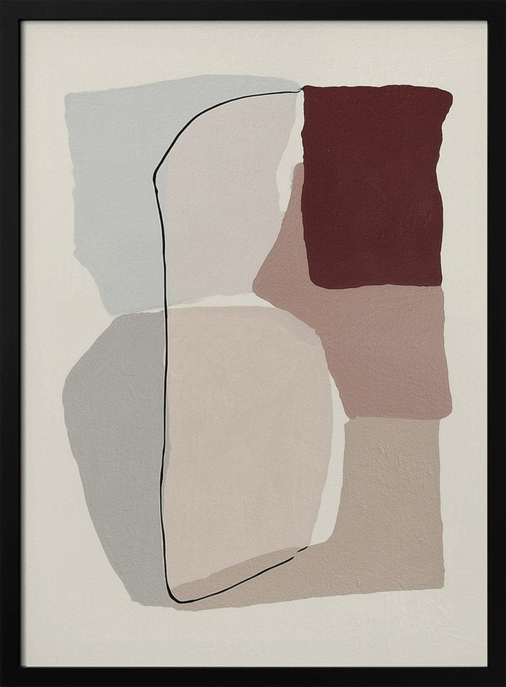 Abstrakte Flächen in Grau, Taupe und Bordeaux mit feiner schwarzer Linie
