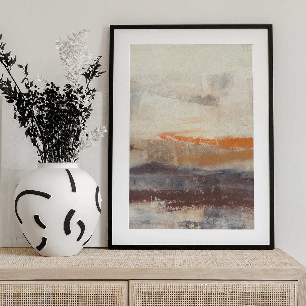 Abstrakte Malerei mit horizontalen Pinselstrichen in Creme, Taupe, Orange und Pflaume
