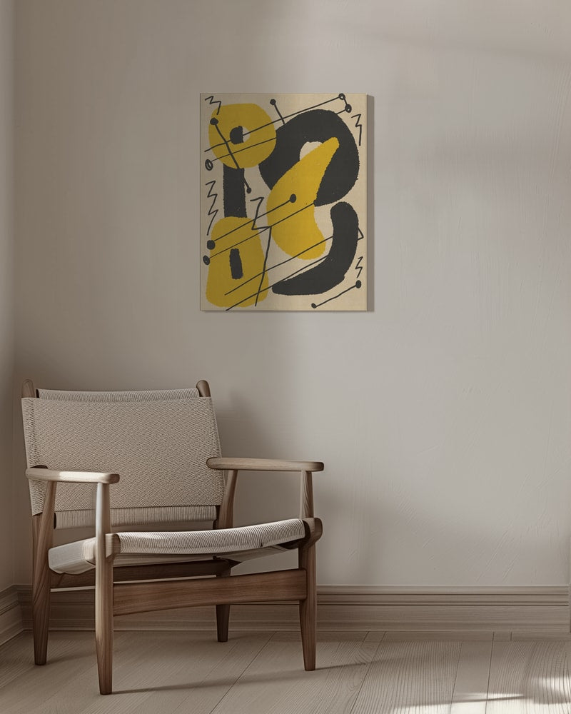 Abstrakte gelbe und schwarze Formen mit feinen Linien auf cremefarbenem Hintergrund