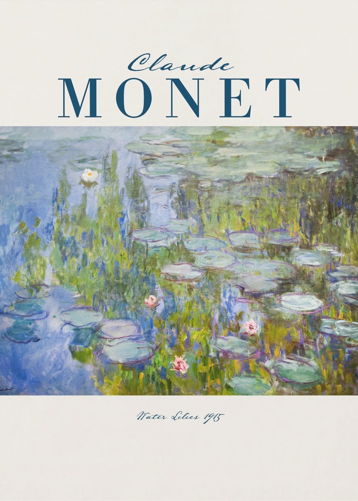 Ausstellungsplakat Claude Monet mit Seerosen auf blau-violettem Wasser, blauer Schriftzug