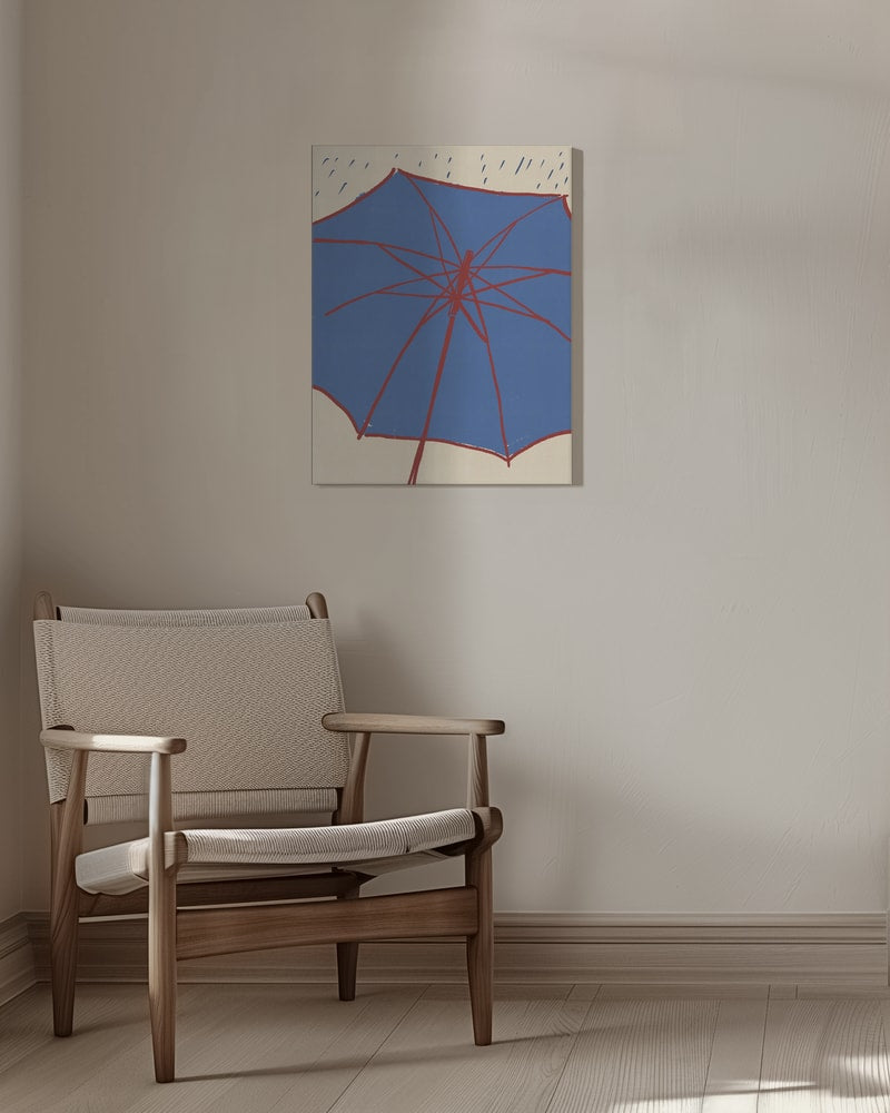 Illustration eines blauen Regenschirms mit roten Streben und Regentropfen auf hellem Hintergrund