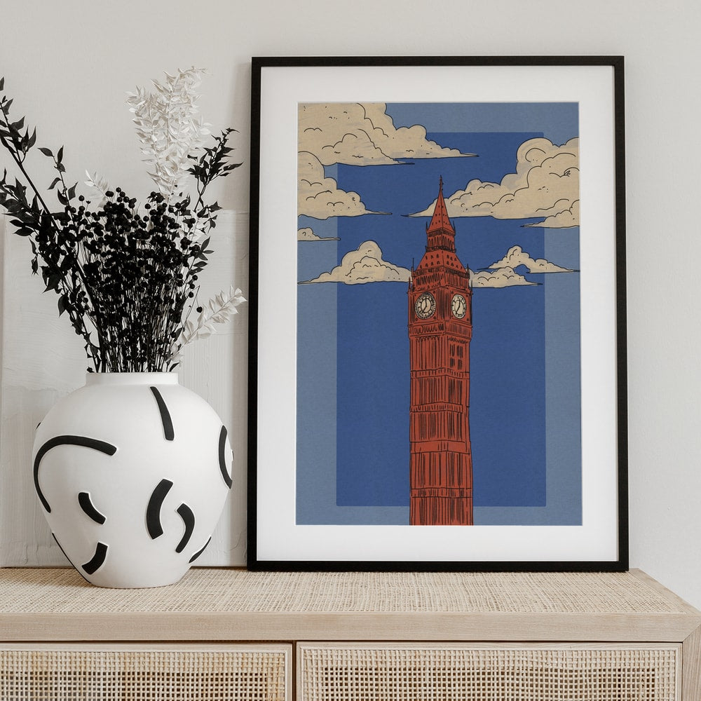 Illustration des Big Ben in Rot vor blauem Himmel mit Wolken