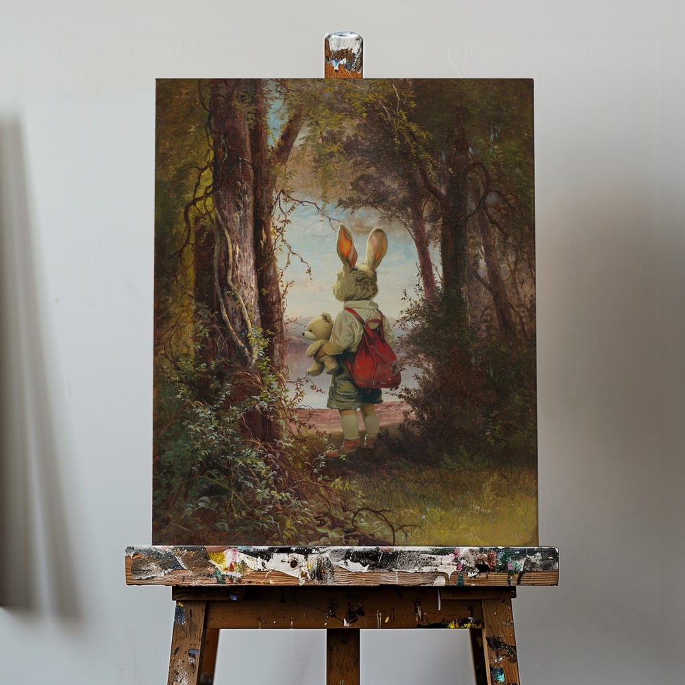 Figur mit Hasenkopf, rotem Rucksack und Teddybär in einem gemalten Wald