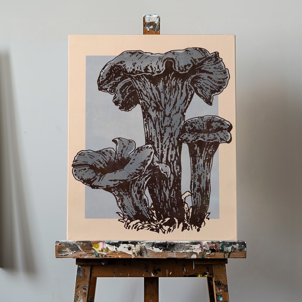 Illustration von drei dunklen Herbsttrompeten-Pilzen auf grauem und pfirsichfarbenem Hintergrund