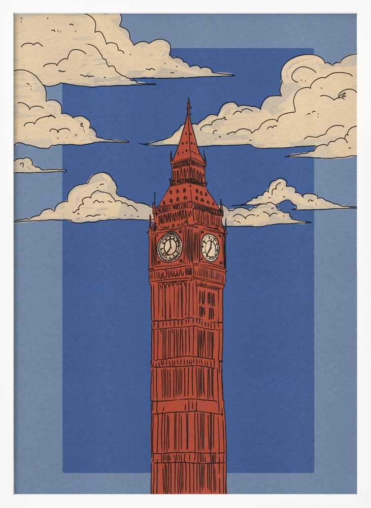 Illustration des Big Ben in Rot vor blauem Himmel mit Wolken