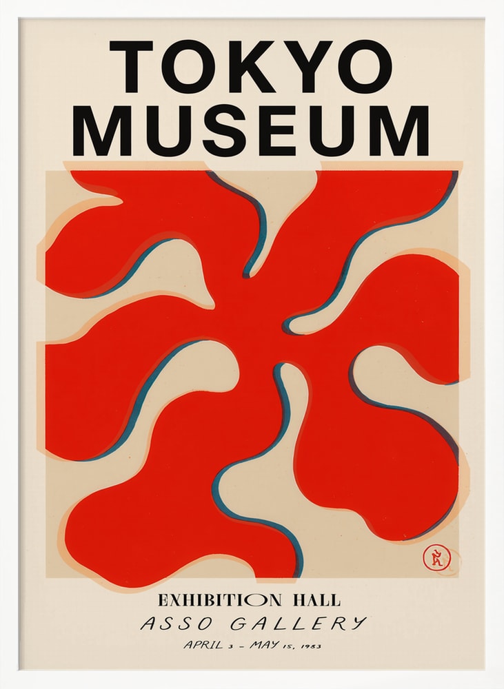 Ausstellungsplakat mit Schriftzug Tokyo Museum und roter Scherenschnitt-Form auf Creme