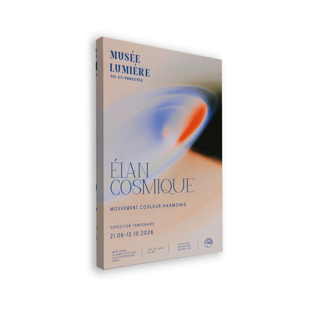 Ausstellungsplakat Élan Cosmique mit weichem Farbwirbel in Blau, Orange und Rosé