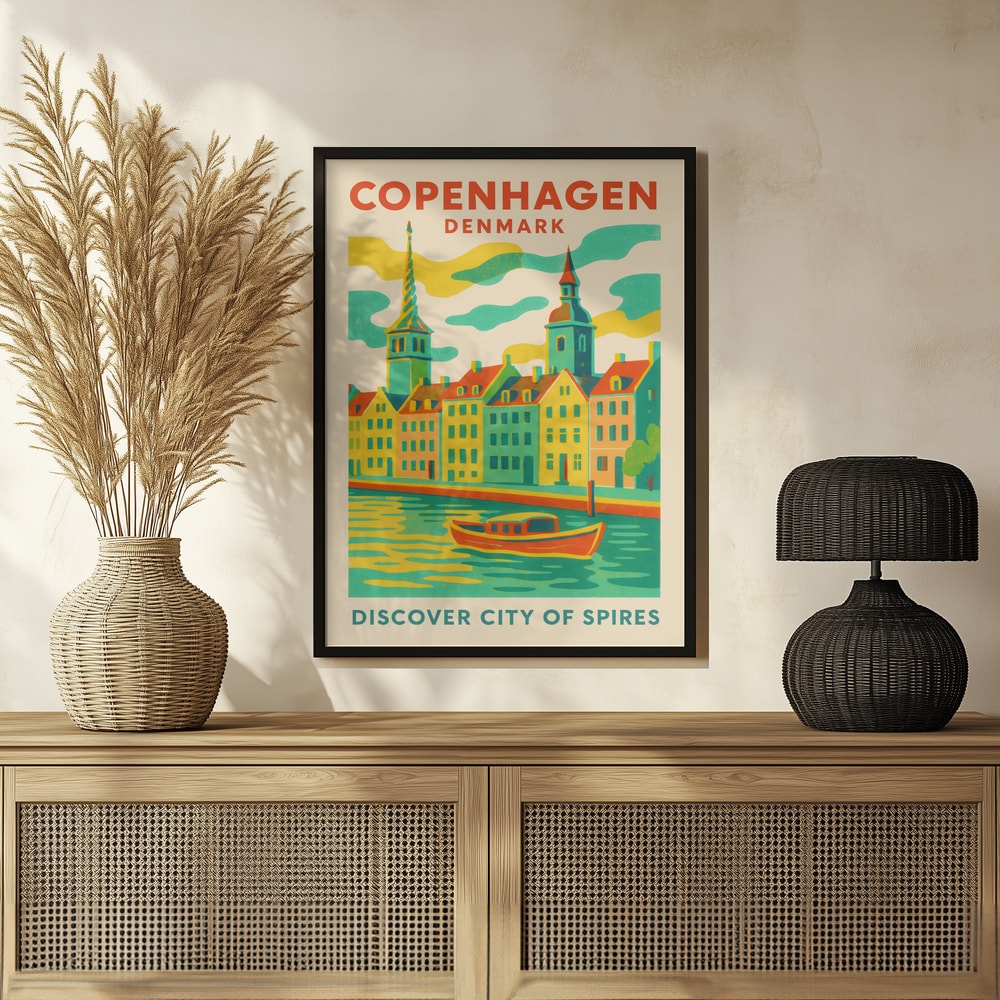 Reiseplakat Kopenhagen mit bunten Häusern, Kirchtürmen und Boot auf dem Kanal