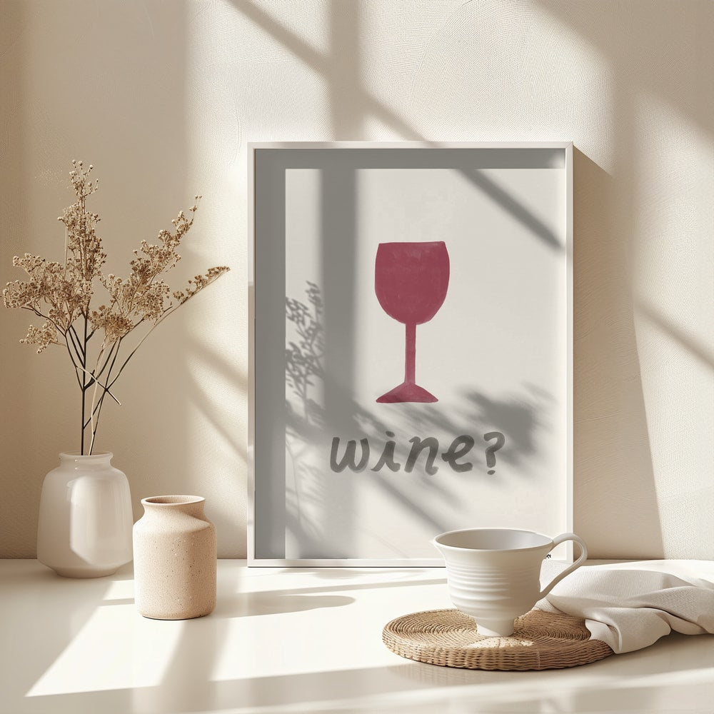 Gemaltes rotes Weinglas mit Schriftzug wine auf hellem Hintergrund
