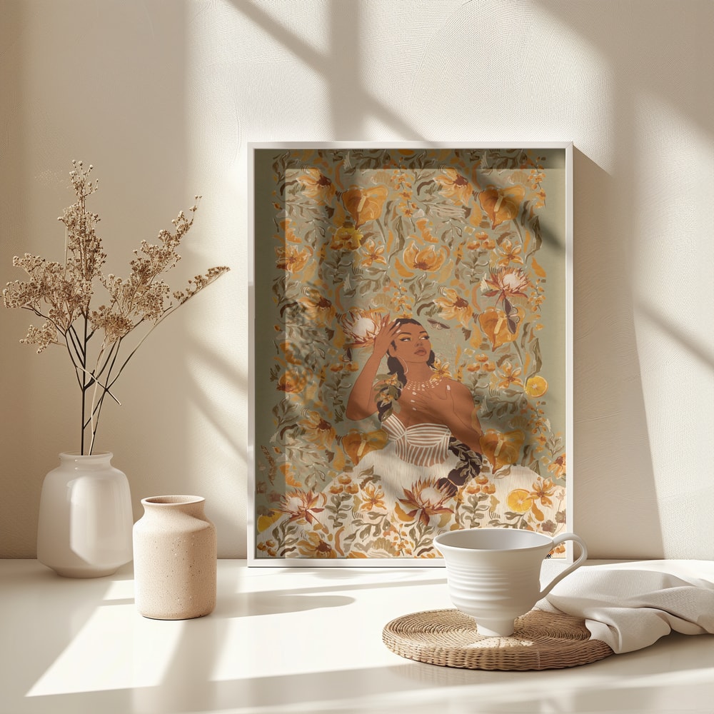 Illustration einer Frau mit geflochtenem Haar zwischen orangen Blüten auf grünem Hintergrund