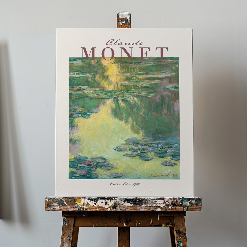 Ausstellungsplakat Claude Monet mit Seerosen auf grünem Wasser, roséfarbener Schriftzug