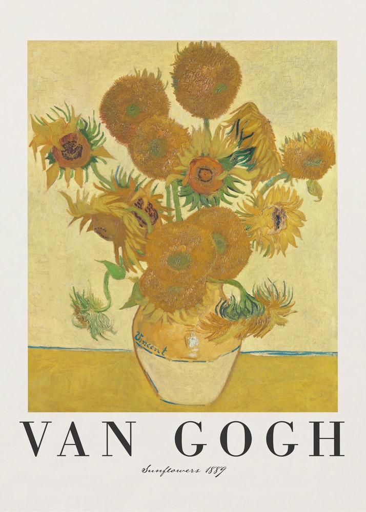 Ausstellungsplakat Vincent van Gogh mit dem Gemälde Sonnenblumen, Schriftzug unten